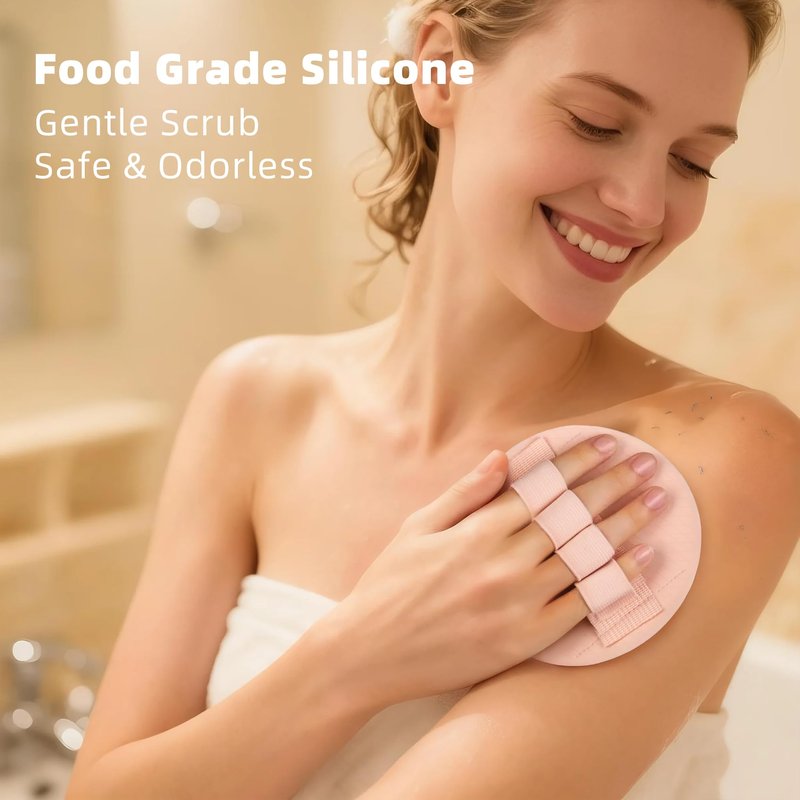 3-Pack Bath Scrubber Kit: 2 Silicone Exfoliating Pats & Double-Sided Long Handle Back Scrubber Bath Puff for Deep Cleansing. (Pink & Black & Pink)