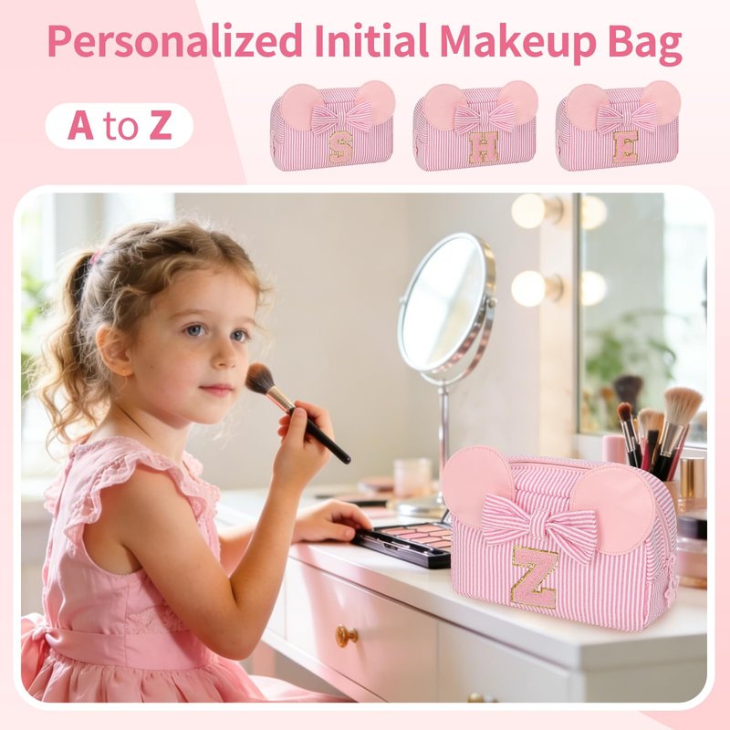 Initial Makeup Bag for Girls, Cute Makeup Bag Small Cosmetic Bag Travel Make Up Organizer Pouch, Birthday Gifts for Girls 4 5 6 7 8 9 10 11 12 13 14 15 Years Old, Teen Girls Gifts Trendy Stuff