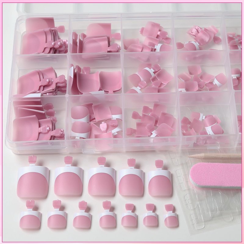 AddFavor Toe Nail Press ons - 150pcs Press on Toenails for Women, Pink French Tip Toe Press on Nails Fake Toe Nail Tips Square Fake Toenails in 15 Sizes Acrylic Toenail with Adhesive Tabs