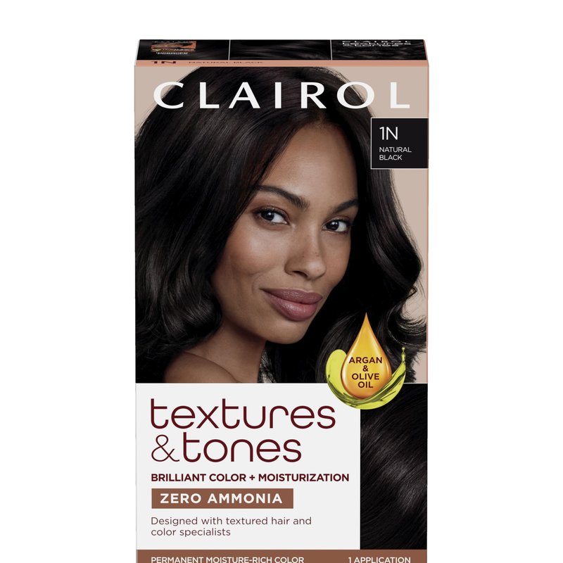 Clairol Textures & Tones Permanent Hair Dye, 1N Natural Black Hair Color | Ammonia-Free | Moisture-Rich Formula with Argan, and Olive Oil for Brilliant Shine | Pack of 1