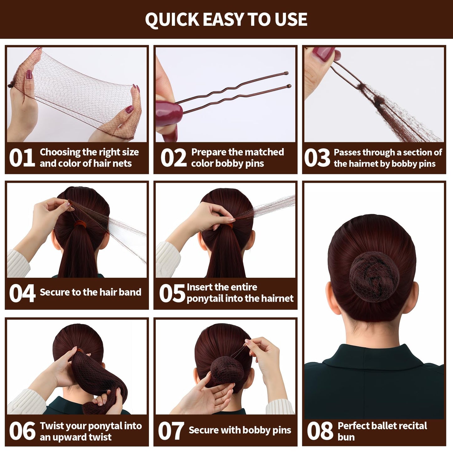 Teenitor Hair Accessories Hair Net Set, Includes 40pcs Invisible Hair Nets for Ballet Recital & 80pcs Bobby Pins for Bun Maker, Brown, 3 Size