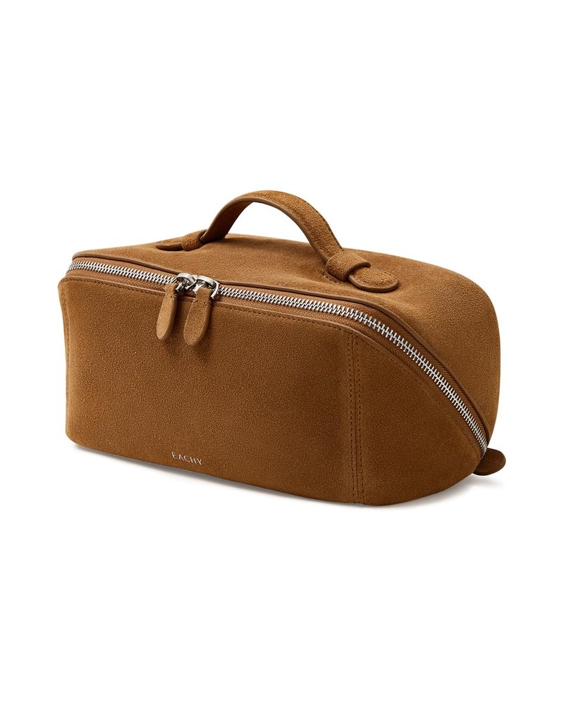 EACHY Leather Makeup Bag, Portable 180° Wide-Open Flat Cosmetic Bag for Women, Large Capacity Make Up Organizer Makeup Pouch with Divider and Handle