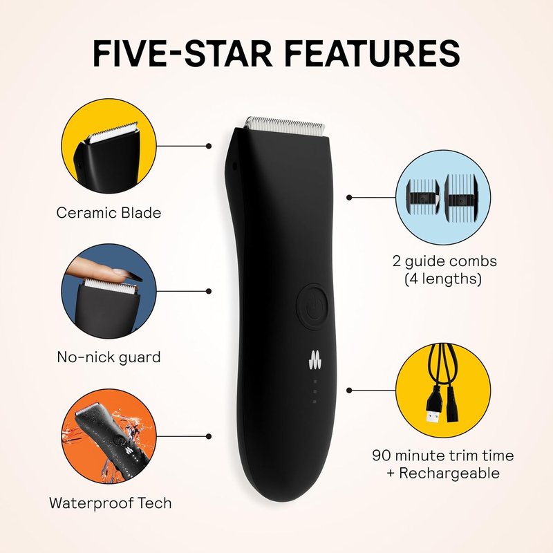 MERIDIAN The Trimmer Original - Waterproof Electric Body Hair Trimmer for Men | Rechargeable Groomer for Pubic, Chest, Legs & Underarms - Onyx