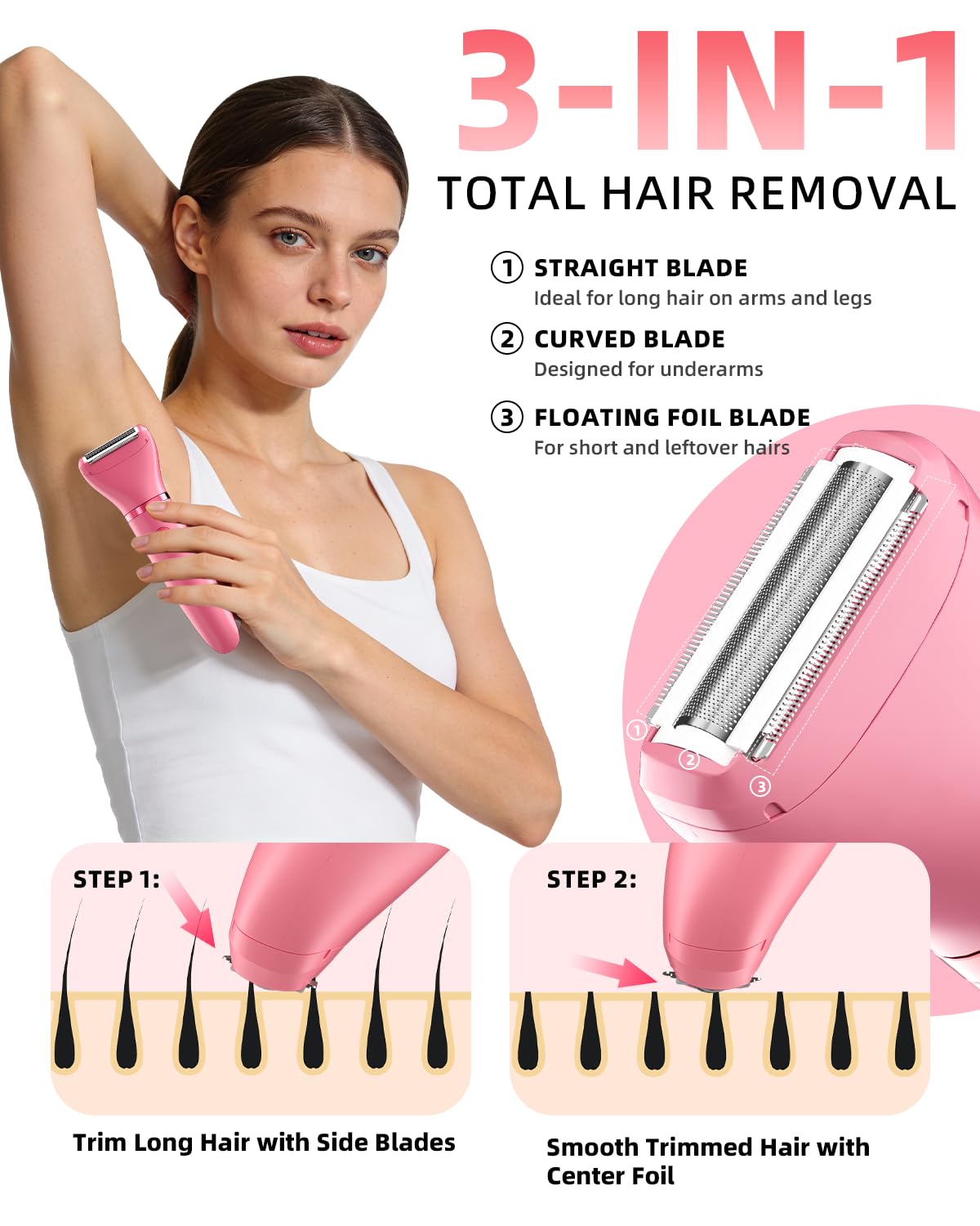 Ufree Bikini Trimmer Electric Razors for Women, Rechargeable Pubic Hair Trimmer Electric Shaver for Legs Body Hair, Bikini Shaver IPX7 Waterproof, Rose Red