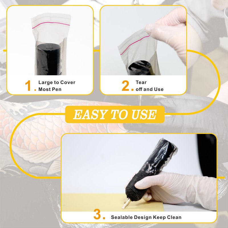 200PCS Tattoo Pen Covers with 6 Rolls Grip Tape Wrap - Large Size (2.56 inch X 7 inch) Transparent Black Bags for Tattoo Machine, Waterproof Machine Wrap Sleeves for Tattoo Supplies & Artist