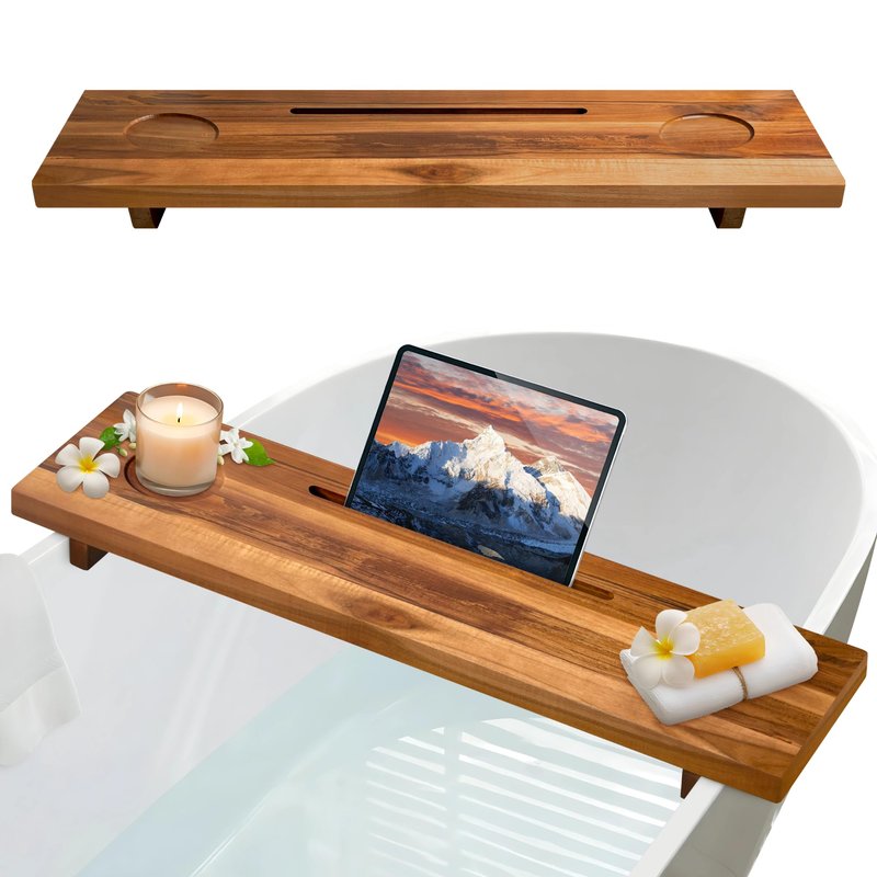 ILOT Bathtub Tray for Standard Tubs – 29" Adjustable Teak Wood Bath Caddy | Anti-Tip, Non-Toxic, Waterproof, Sustainable Bath Tray Organizer for Relaxing Spa & Home Use