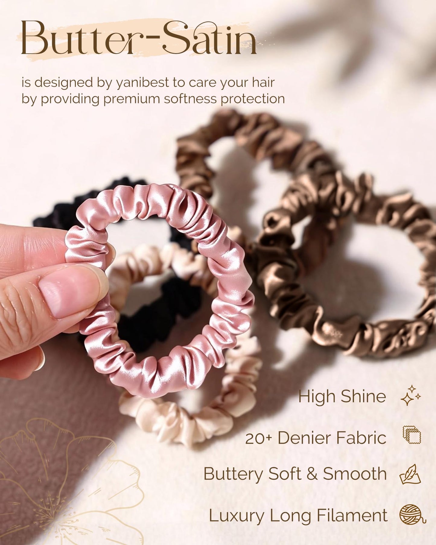 Yanibest 8 Pcs Satin Hair Ties - Hair Scrunchies for Women & Girls, Thin Silk Hair Ties No Damage, Ponytail Holders Gentle on Hair