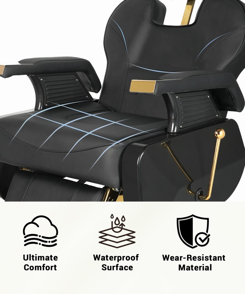 Felivine Barber Chair, Heavy Duty Barber Chair for Home Reclining Barber Chair with Adjustable Headrest & Footrest, All-Purpose Barber Chairs Adjustable Hydraulic 360° Swivel, Black Gold