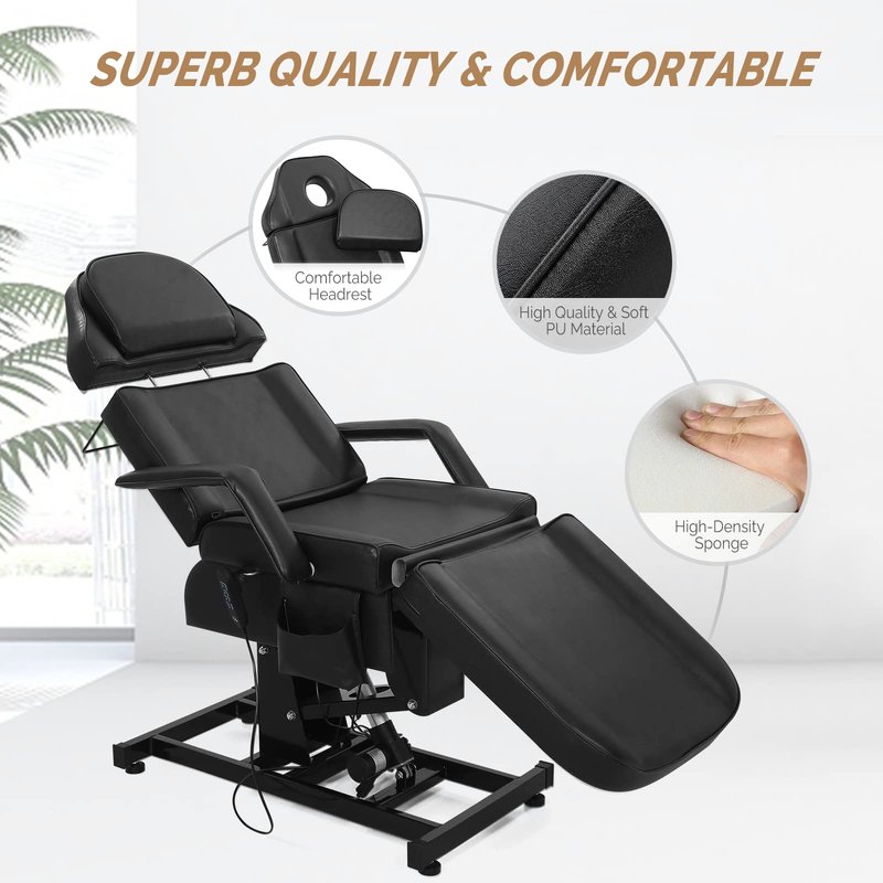 OmySalon Fully Electric Salon Facial Bed Chair, Multi-Purpose Massage Tattoo Lash Waxing Table, Height Backrest Footrest Adjustable, for Beauty Barber Spa, Black