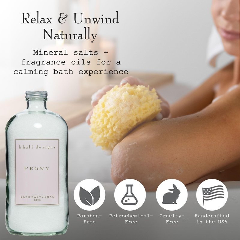 K. Hall Designs Peony Bath Salt Soak with Vitamin E, Peaceful Peony Scent with Watery Notes, Relaxing Bath Products for Women & Men, 32 oz