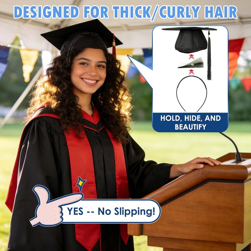 PUNCHMAN Graduation Cap Headband Insert - Black Firm Anti-Fall Hair Band for Secure Grad Cap
