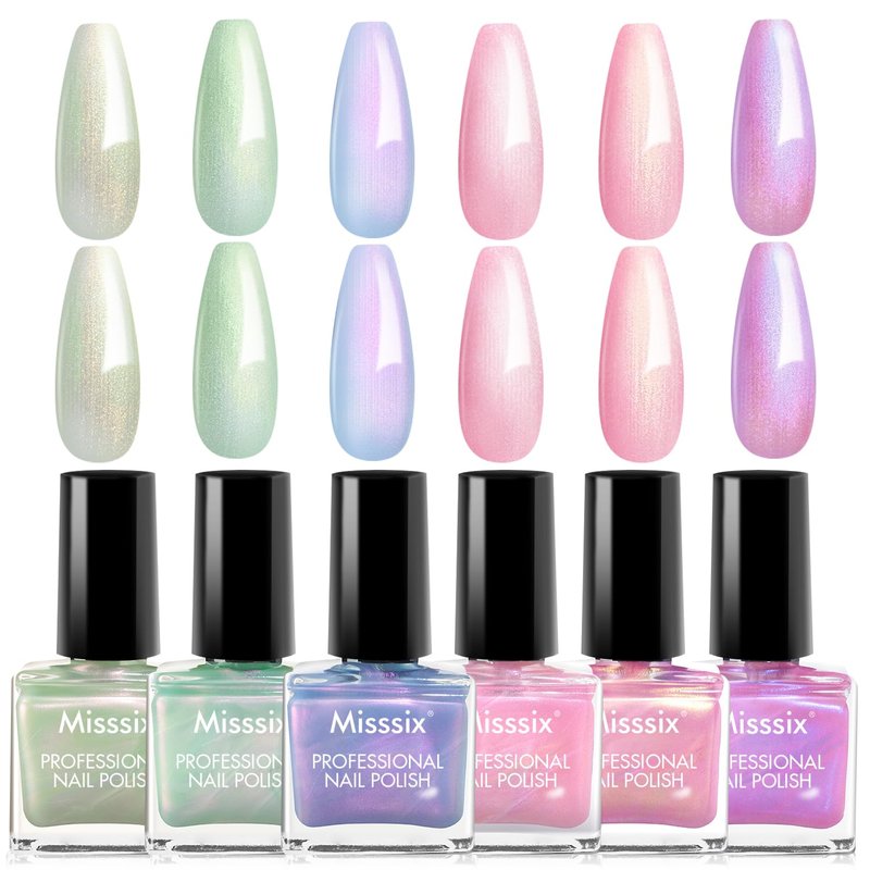 Misssix Pearl Nail Polish Set, 6 Colors Chrome Shimmer Pearl Pink Purple Quick Dry Nail Polish Long Lasting Fingernail Polish DIY Nail Lacquer Gift for Girls Women