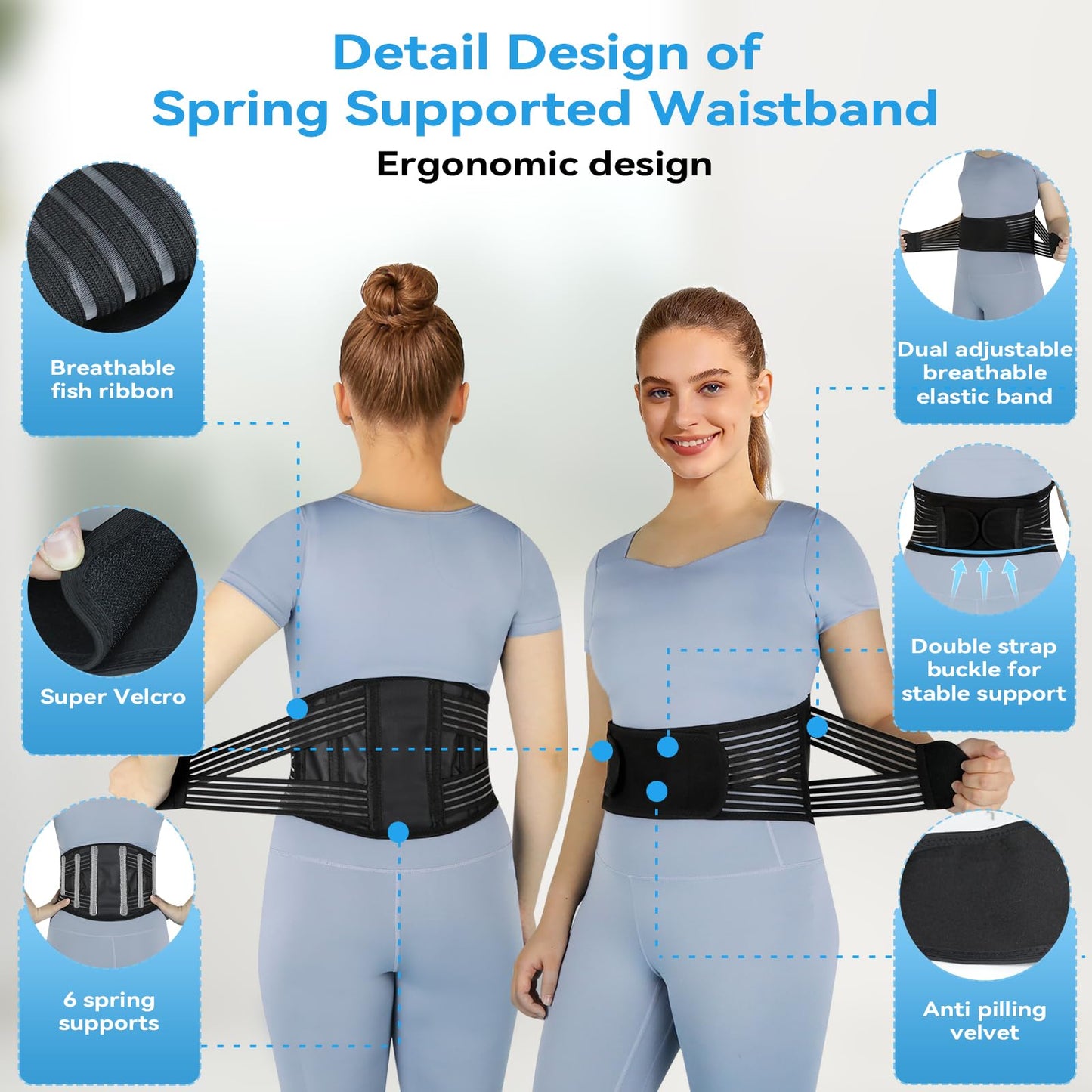 Umbilical Hernia Belt for Men and Women, Abdominal Binder Hernia Belt with 6 Stainless Steel Spring Support, Back Support with 2 Compression Tape, Adjustable Lumbar Support Brace Sciatica Pain Relief