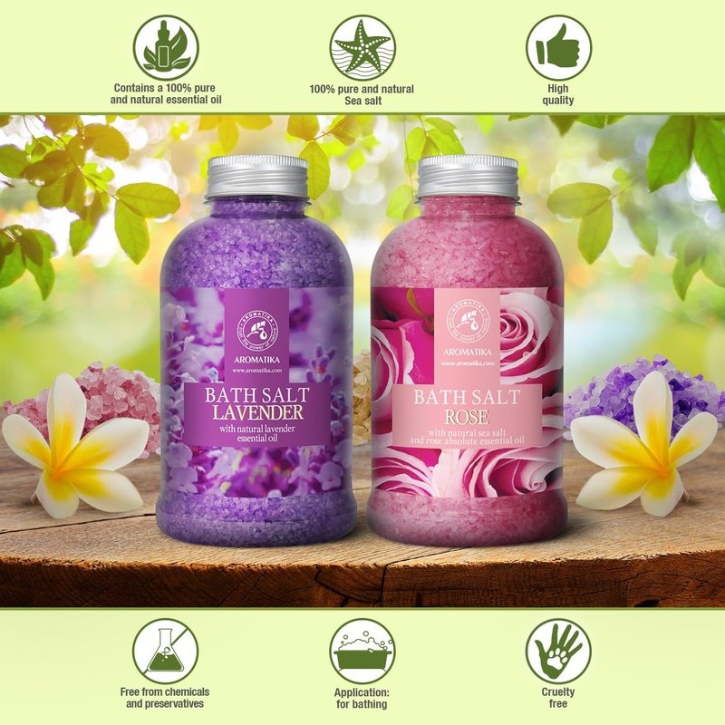 Bath Sea Salt Set 2х21.16Oz - Lavander & Rose - Lavender Essential Oil - Natural Rosewood Oil & Rose Extract - Aromatherapy - Relaxing - Body Care - Beauty