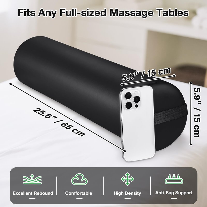 Noverlife Full Round Bolster Pillow for Legs, 26 x 6 inch PU Leather Bolster for Massage Table with Strap Handle Under Knee Pillow, Under Back Ankles Pain Relief Massage Table Bolster for Yoga & Spa