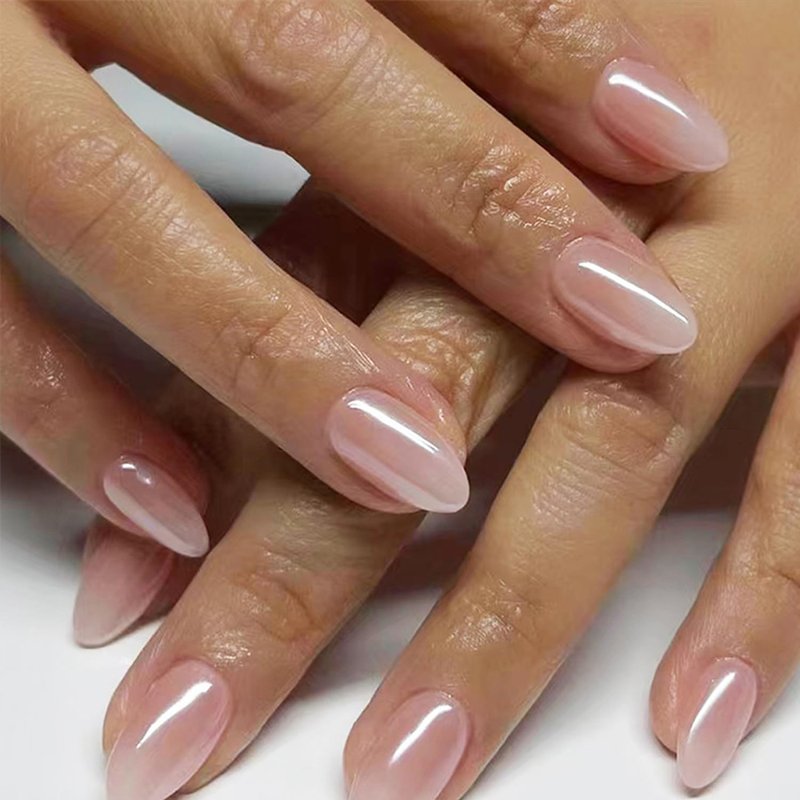 LRKNNO Almond Press on Nails Short Fake Nails Nude Glue on Nails with Designs Glossy Chrome False Nails French Almond Shaped Artificial Nails Reusable Stick on Nails for Women and Girls 24pcs