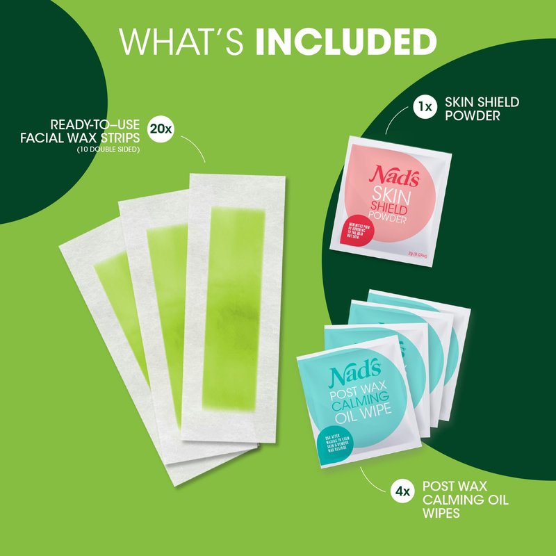 Nad's Facial Wax Strips - Hypoallergenic All Skin Types - Facial Hair Removal For Women - At Home Waxing Kit with 20 Face Wax Strips + 4 Calming Oil Wipes + Skin Protection Powder