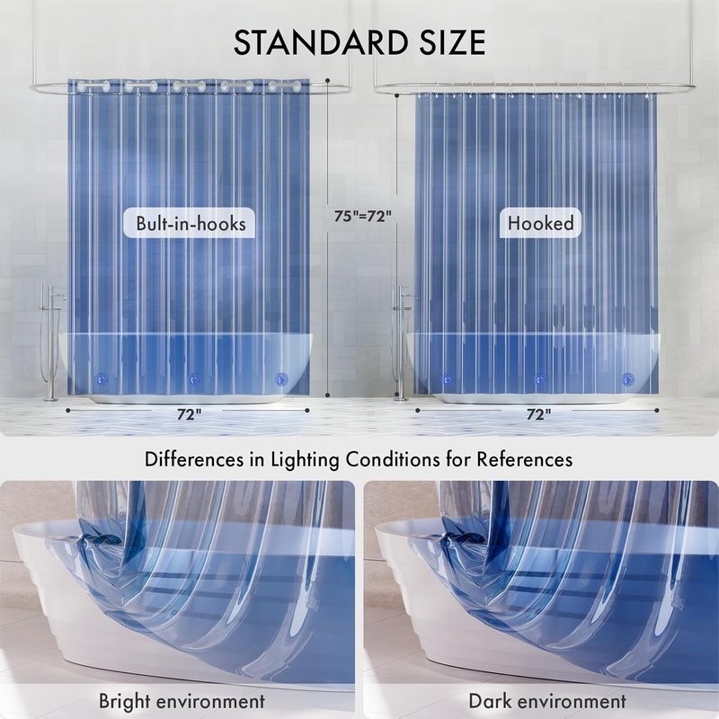 AmazerBath No Hook Shower Curtain - Luxury Heavy Duty Clear Blue 72x75 EVA Liner with 3 Weights