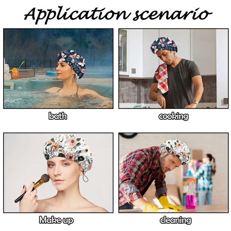 Deokke 2 PCS Shower Cap Reusable Waterproof Adjustable Double Layer Elastic Dry Hair Bathing Caps Aesthetic Cute for Women Girls-Butterfly Flower