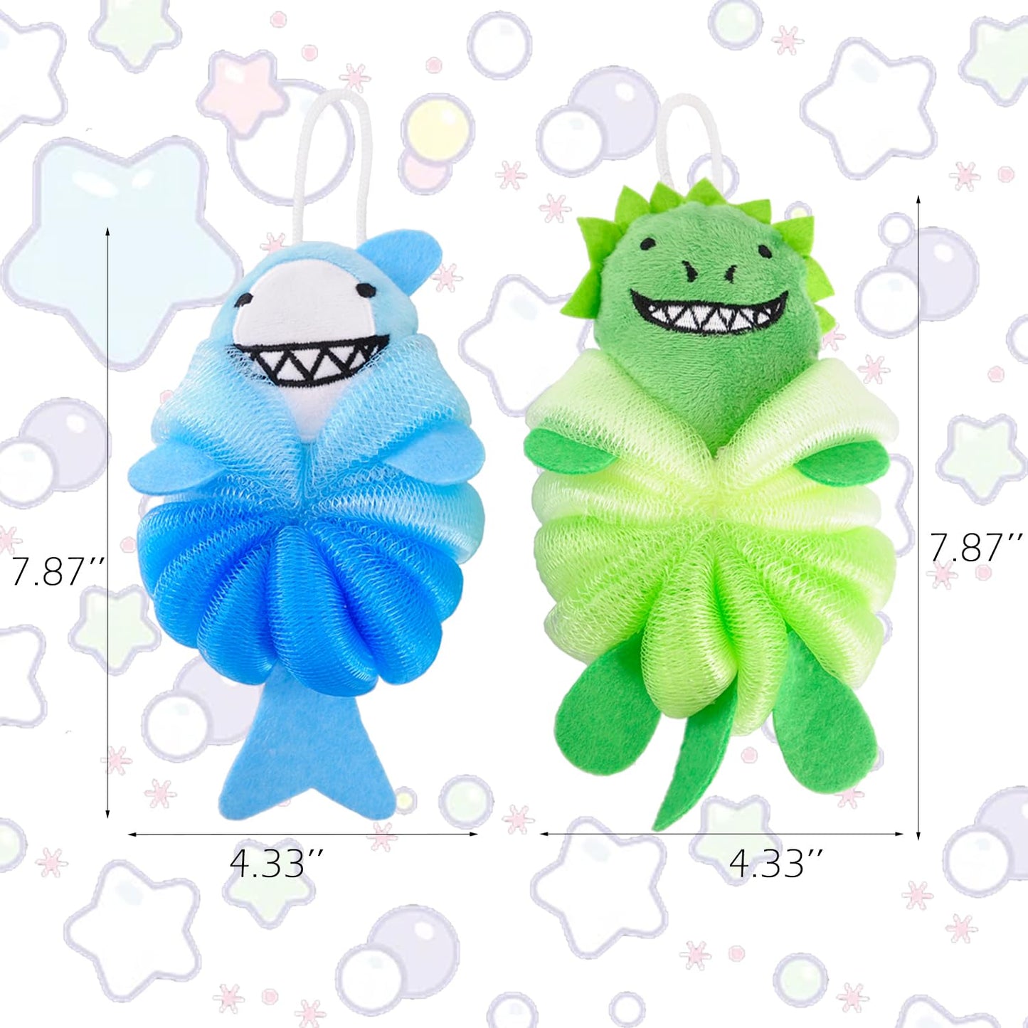 RAMFIYN 2 Pack Fun Bubble Bath Kid Loofahs, Cute Animal Loofah Bath Sponge, Shower Puffs Body Scrubber, Fun Bath Sponges - Shark and Dinosaur