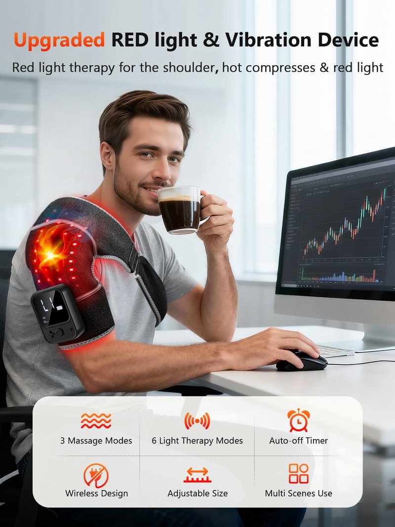 Red Light Therapy for Shoulder with Heat & Massage 5000mAh Cordless Near-Infrared Light Therapy Wrap, 216 Beads 660nm & 850nm Shoulder Brace for Men Women Portable Pad Last 90-380mins