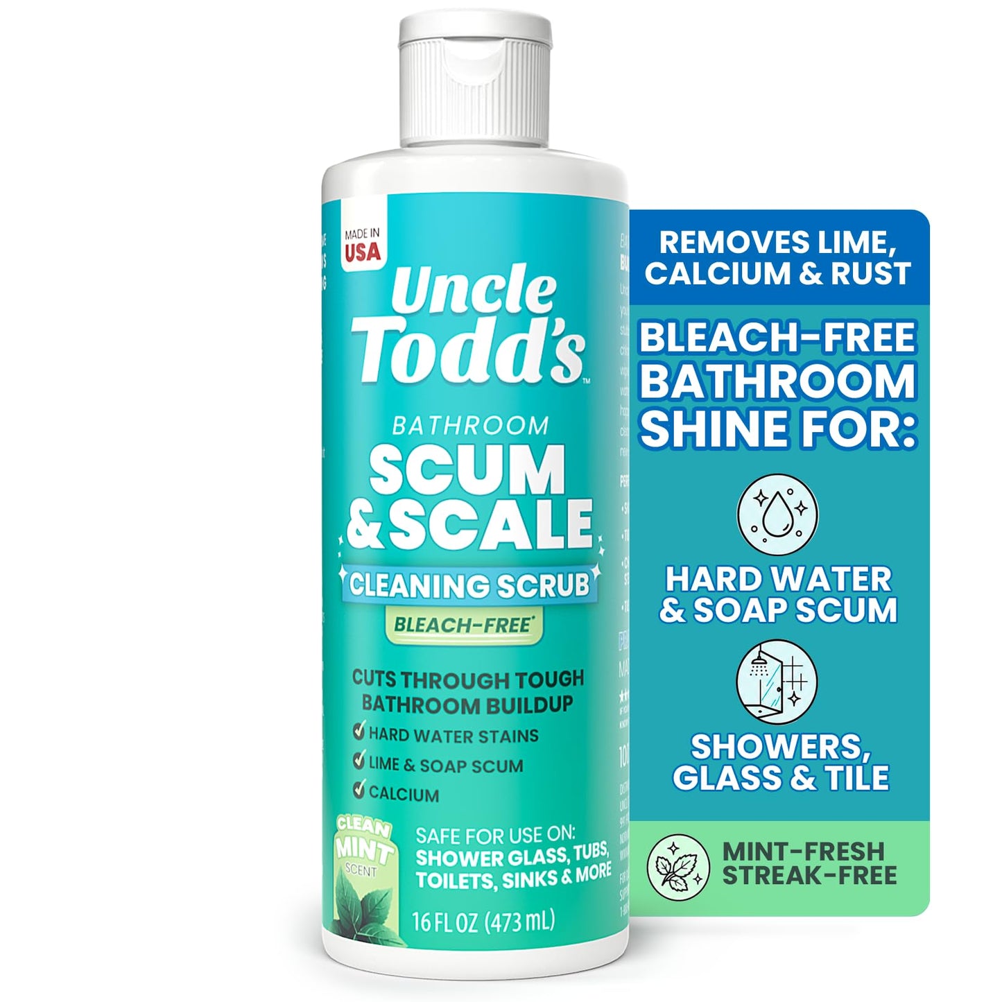 Uncle Todd's 16 oz Heavy Duty Hard Water Stain Remover & Soap Scum Remover for Shower - All Purpose Bathroom Cleaner Works on Glass Doors, Tiles, Bathtub, Toilet & Sink - Bleach-Free Mint Paste