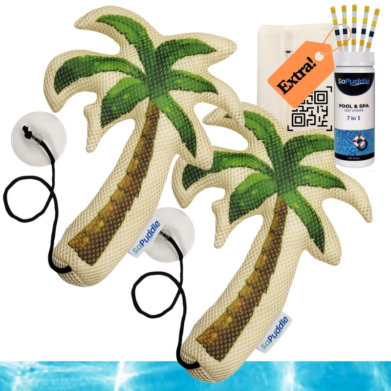 Premium Pack of 2 Hot Tub Scum Absorber for Swimming Pools with 150 Water Test Strips - Pool Scum Absorber for Spa Hot Tubs - Washable Scum and Oil Absorbing Sponges for Pools Sponge Oil Absorber