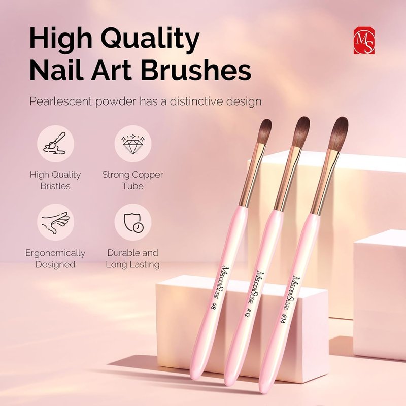 MelodySusie Acrylic Nail Brush Set - 3Pcs Size 8/12/14 for Extension & 3D Carving | Pink DIY Tool