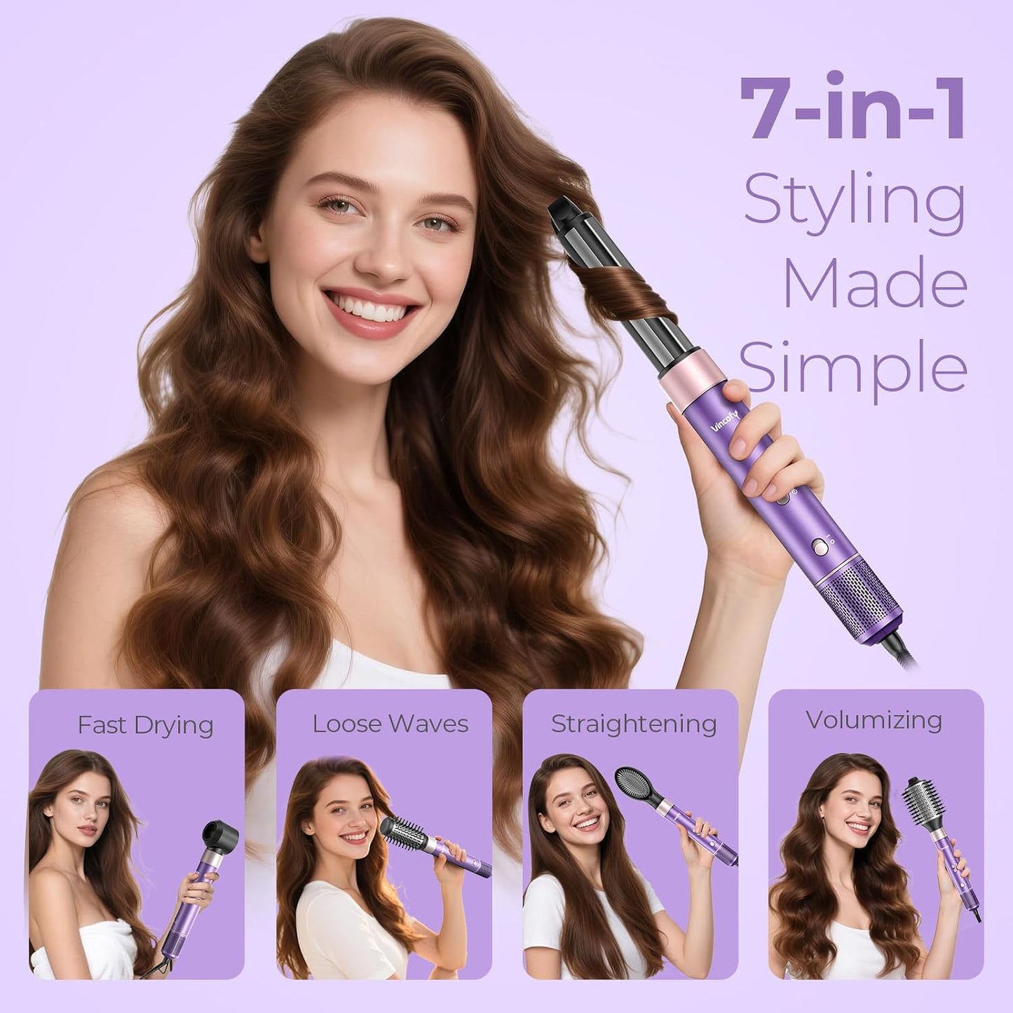 Vincofy 7-in-1 Blow Dryer Brush Set - Ionic Hot Air Styler for Fast Drying & Curling - 1500W Power in Lilac