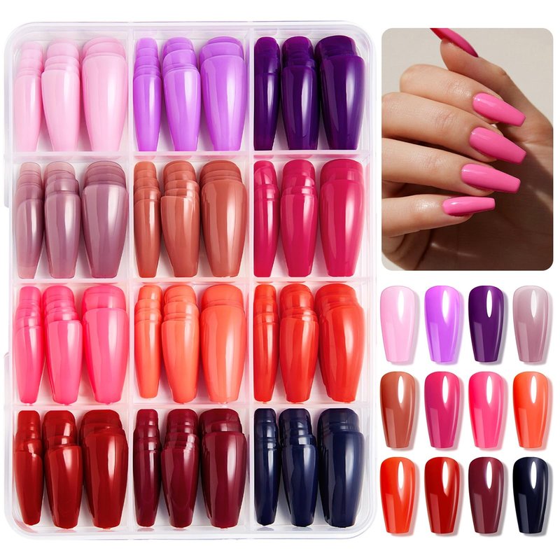 12 Colors Coffin Press on Nails Set Glossy Fake Nails Medium False Nail Pure Color Glue on Nails Reusable Artificial Acrylic Nail Solid Color Full Cover Stick on Nail for Women Girls Manicure 288Pcs