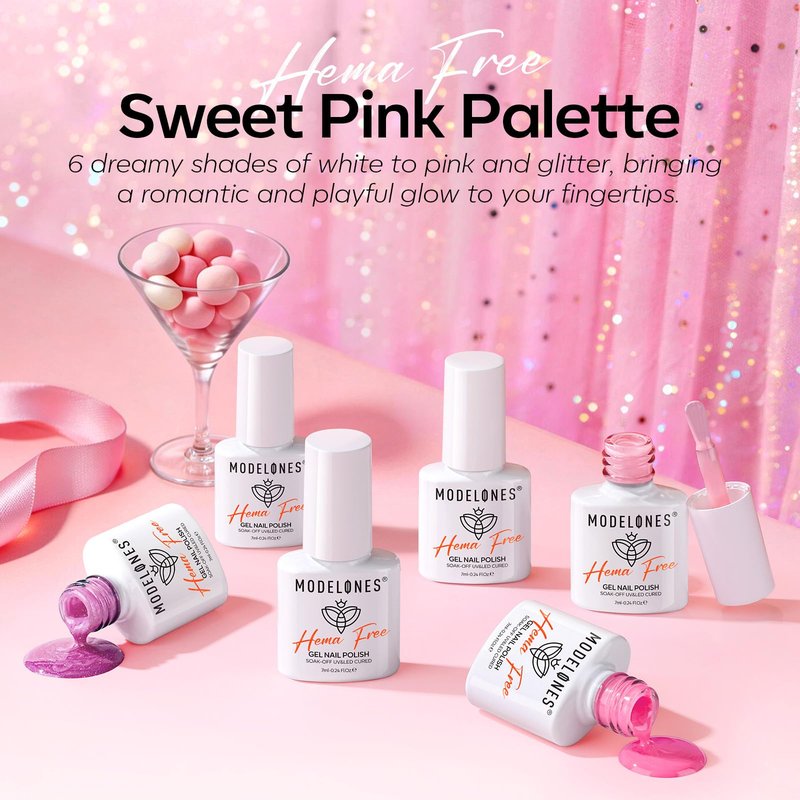 modelones Pink Gel Nail Polish Set, Hema-Free 6 Colors 2026 Summer Milk White Pastel Light Pink Baby Tones Neon Hot Pink Glitter Gel Polish Kit LED Nail Art Gift Salon DIY Kit Nail Lovers Gift
