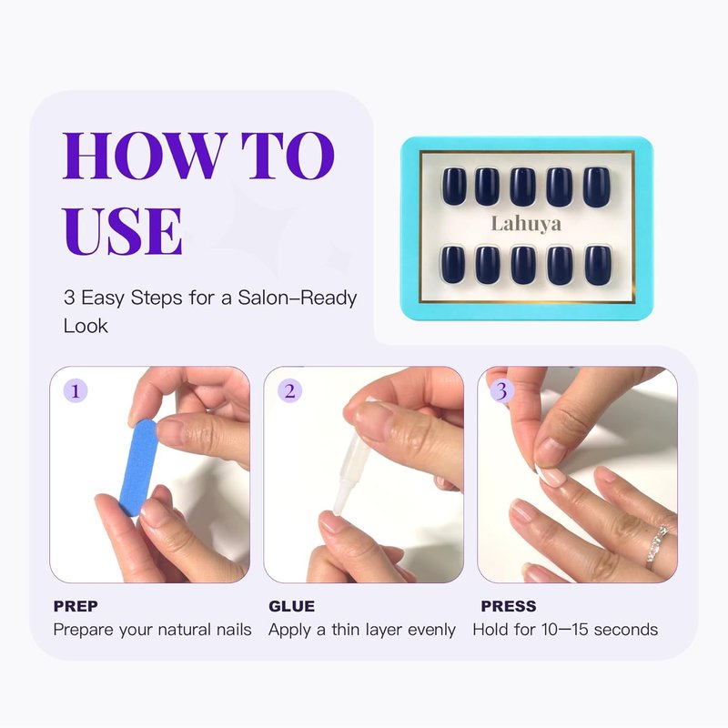 Press On Nails - Navy Blue | Short Squoval Design by Nail Artist, Glossy Finish, 30 Nails Kit