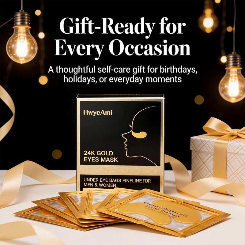 24K Gold Under Eye Patches - Rejuvenate Dark Circles & Puffiness with Collagen & Hyaluronic Acid - 20 Pairs