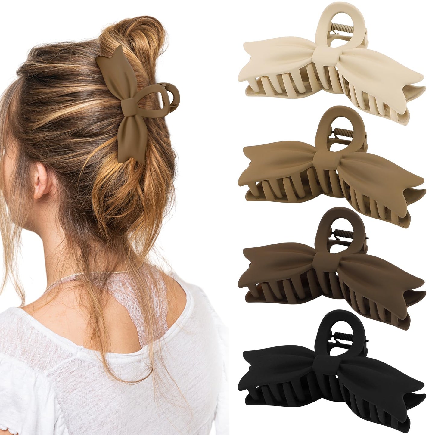 Amariver 4 Packs Large Claw Bow Hair Clips for Women - Non-Slip Strong Hold Matte Neutral Stylish Accessories for Thick or Thin Hair