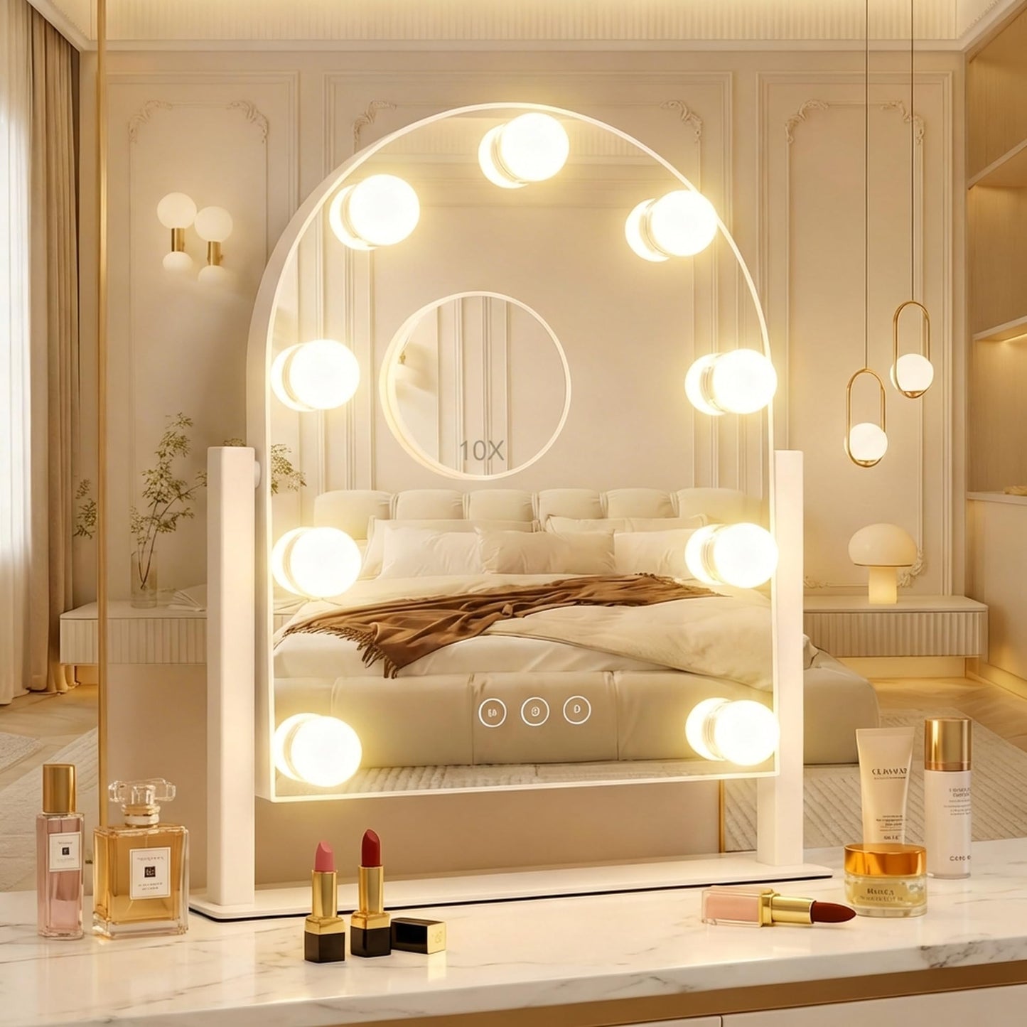 SLIMOON Arched Makeup Vanity Mirror with LED Lights Makeup Mirror Detachable 10X Magnification, Hollywood Make Up Mirror with Lighting, Smart Touch, Rechargeable,360° Rotation,White 14.17"x 11.81"