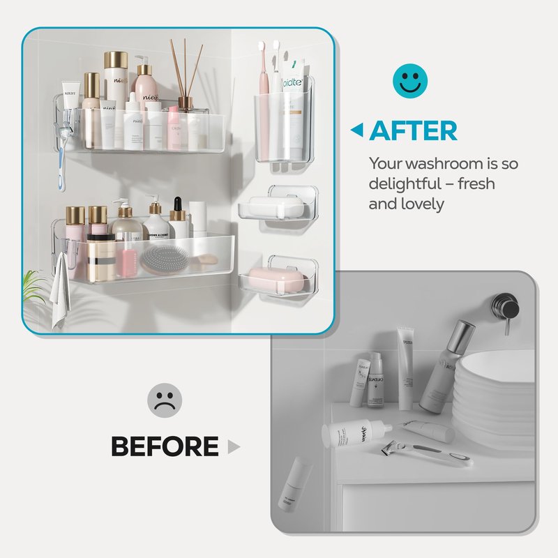 Nieifi Adhesive Wall Shelf, Shower Shelves 5 Pack with Soap Holder, Shower Organizer for Bathroom Organization, Clear
