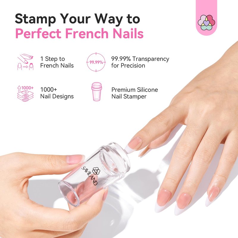 Saviland French Tip Nail Stamper Kit - 18PCS Clear Silicone Nail Stamping Set, Blue+Pink Radium Long & Short Stamper with Scrapers for French Manicure