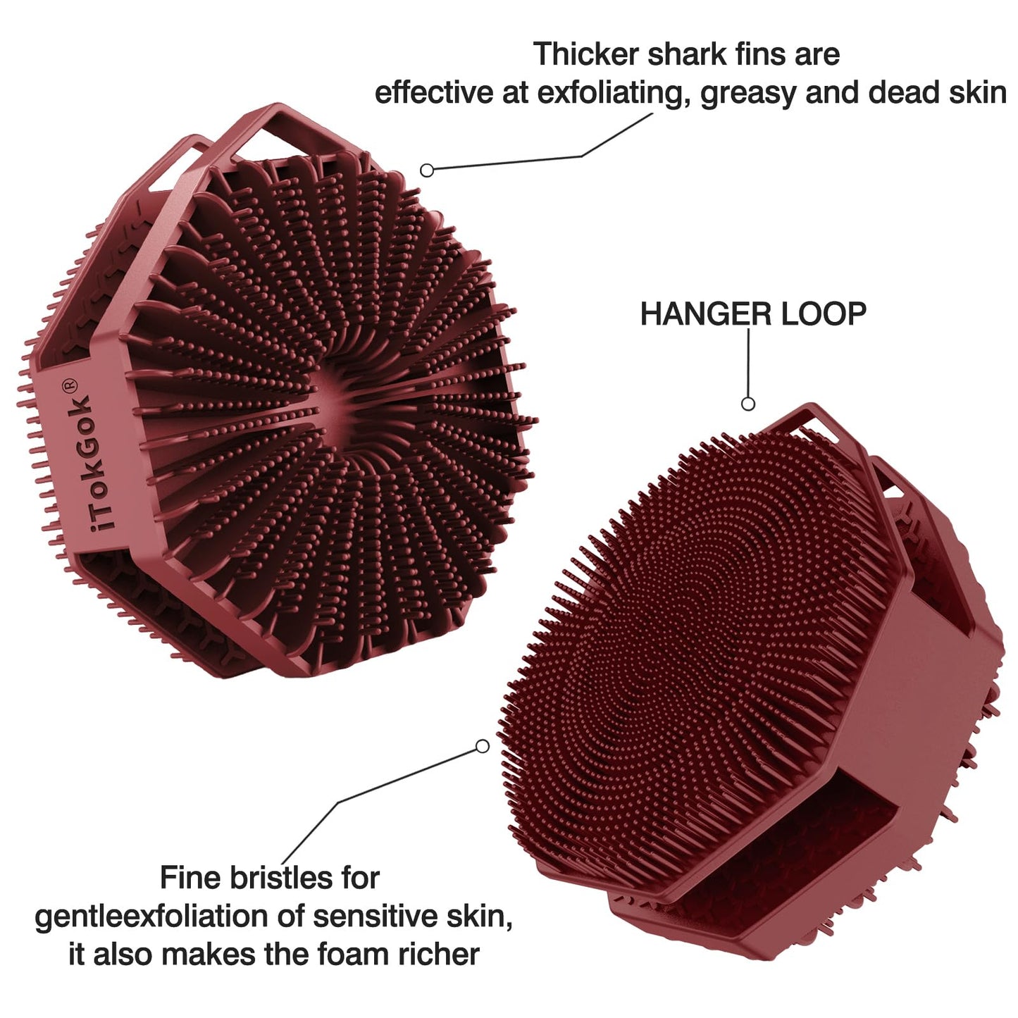 iTokGoK® Premium Silver-Infused Double-Sided Design 2-in-1 Silicone Body Brush Scrubber,Body Buffer Scrubber for Sensitive Skin, Ergonomic No-Slip Handle, Long-Lasting & Easy to Clean - Burgundy