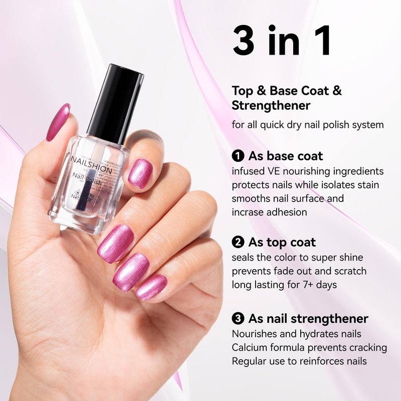 Nailshion Metallic Purple Rose Nail Polish with 3-in-1 Clear Base Top Coat, Fast Air Dry Fingernail Polish Duo, Non-Gel, Opaque, Glossy Luxury Nail Art Fingernail Toenail Polishes