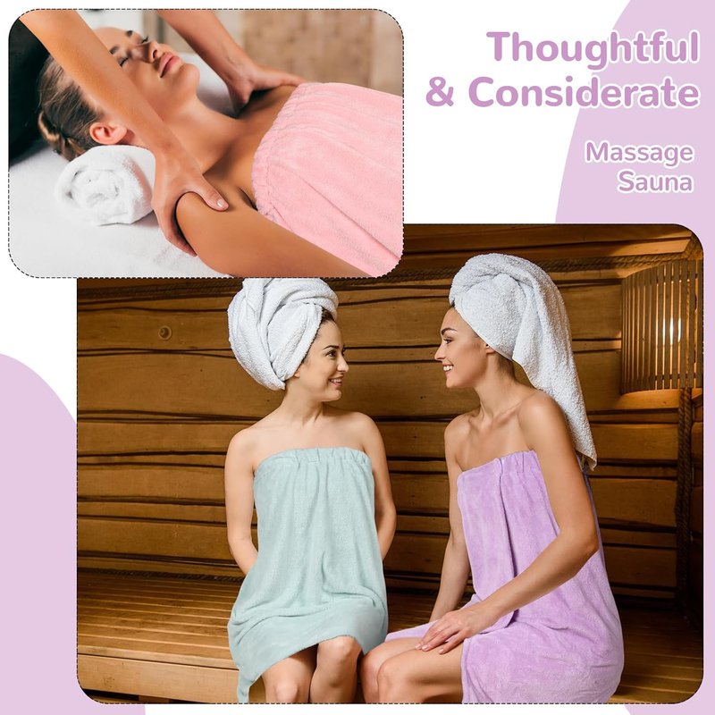 Cuffbow 3 Pcs Towel Wrap for Women Spa Body Robe Full Length Female Bath Shower with Adjustable Closure Elastic Top Plush