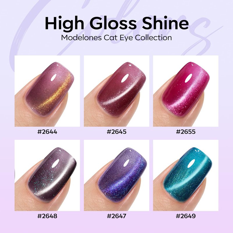 Modelones Cat Eye Gel Nail Polish Set, 6 Colors Coloful Neon Galaxy Champagne Lake Blue Grape Purple Gold Brown Hot Pink 9D Glassy Cat Eye Glitter Gel Polish with Magnet LED Soak Off Manicure Gift