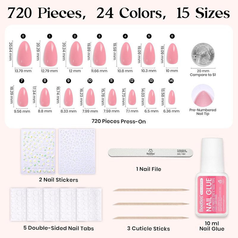 Beetles Press On Nails Kit - Rainbow Gleam | 720 Pcs of 24 Colors in Short Almond Shape | Matte, Glossy & Glitter Finishes with Glue & Stickers
