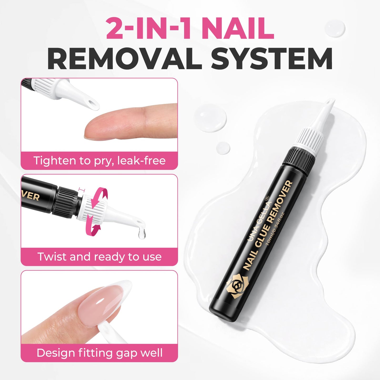 UNA GELLA 15g Semi Solid Nail Glue and 10ml Nail Glue Remover Kit for Press On Nails, No U V Light Needed Quick Dry Adhesive, Rotary Flow Control Debonder with Built-in Pry Bar Tip, 28+ Days Hold