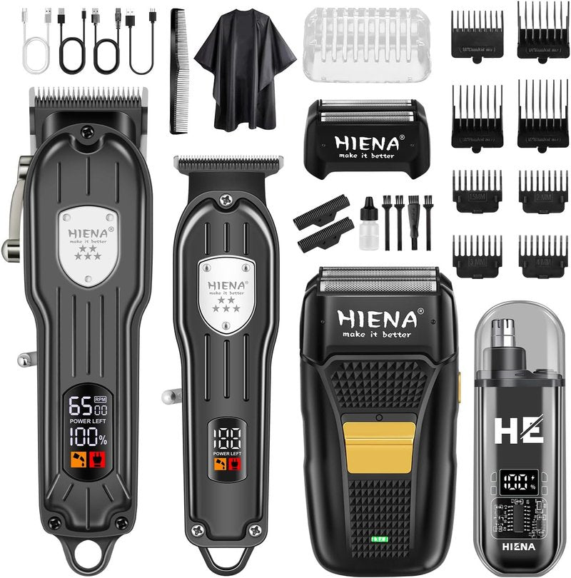 HIENA PRO Professional Hair Clipper Kit - Rechargeable Cordless Barber Set & Grooming Tools (Black)