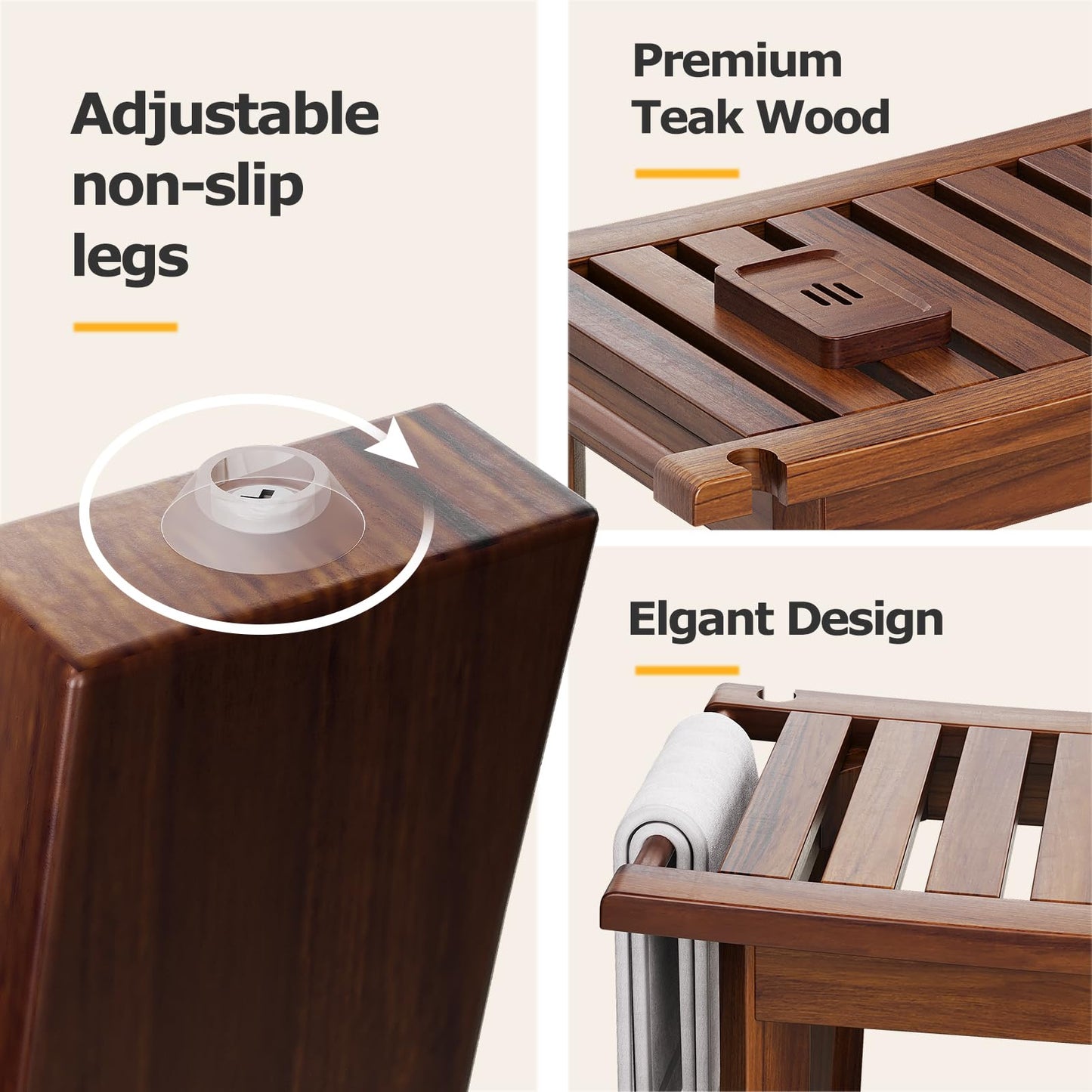 Teak Shower Bench, 23.6 Inch Teak Shower Stool 300lbs Wood Shower Chair Seat with Storage Shelf Towel Rack for Bathroom Indoor and Outdoor Use
