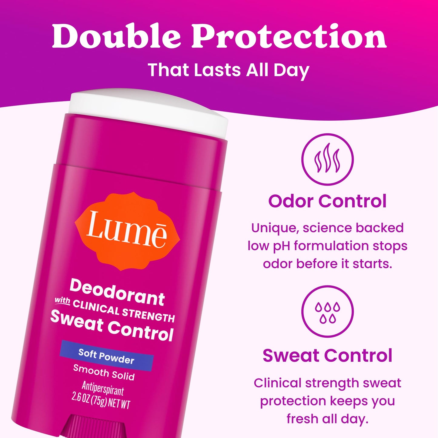 Lume Deodorant Plus Sweat Control - Smooth Solid Stick Deodorant for Women - Extra Strength Antiperspirant - 72 Hour Odor & Sweat Control - Baking Soda Free, Skin Loving - (Soft Powder)