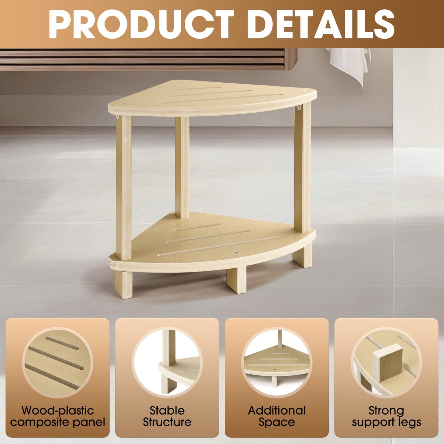 SweetBin Corner Shower Stool for Inside Shower, 17in Shower Foot Rest for Shaving Legs with Storage Shelf 2-Tier, Waterproof Bath Stool Bench for Small Spaces Bathroom Seat