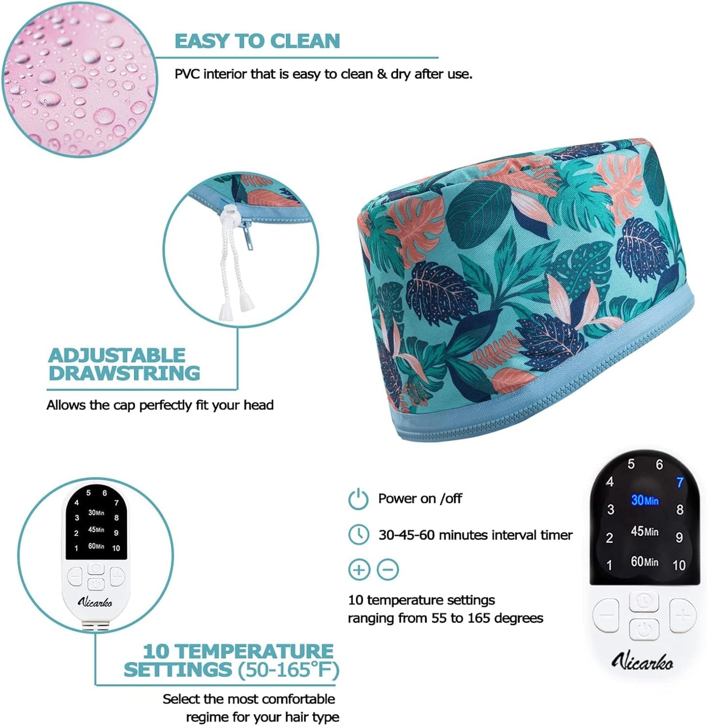 VICARKO Hair Steamer - Deep Conditioning Treatment with 10 Heat Levels | 118” Power Cord, Hawaii Blue
