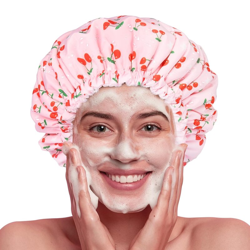 Shower Cap for Women Terry Lined Bath Cap Large Reusable Waterproof Elastic Band Pink Shower Caps for Long Thick Hair Soft Bath Shower Hair Caps