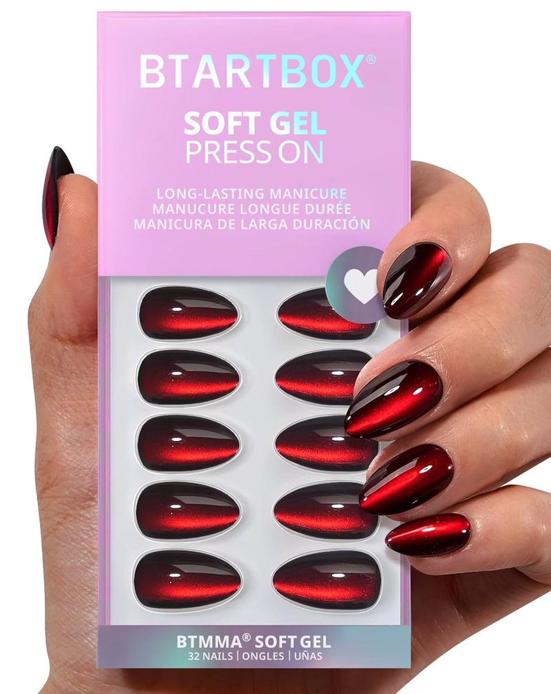 Press On Nails - Vampire's Gaze Deep Red Cat Eye Almond | 32 Glossy Stick On Nails in 16 Sizes for Halloween